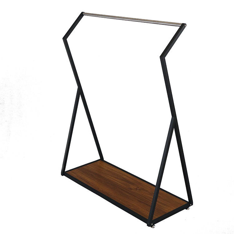 Customized Wooden Black Metal Clothing Store Display Stand Garment Hanging Rack Shelves Boutique Furniture