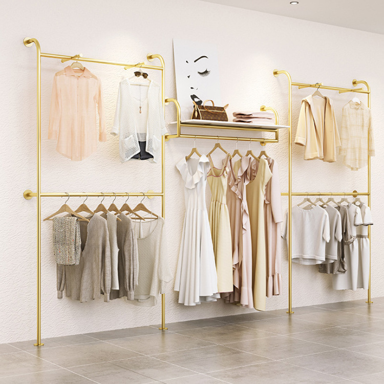 Gold Stainless Steel Metal Hanging Rack Wall Mounted Display Racks for Clothing Store Showroom Boutique Decoration