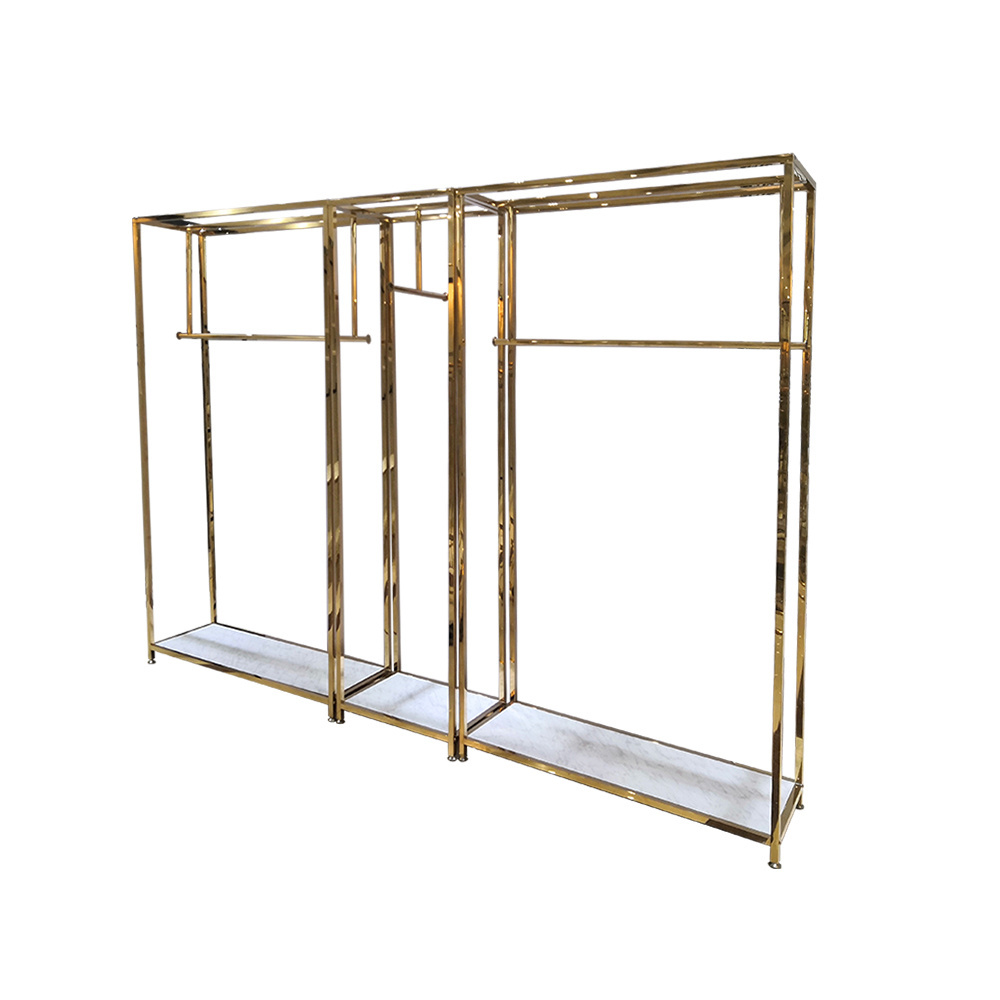 Retail Store Fixture Hanging Clothes Custom Shop Design Metal Gold Clothing Dress Display Rack