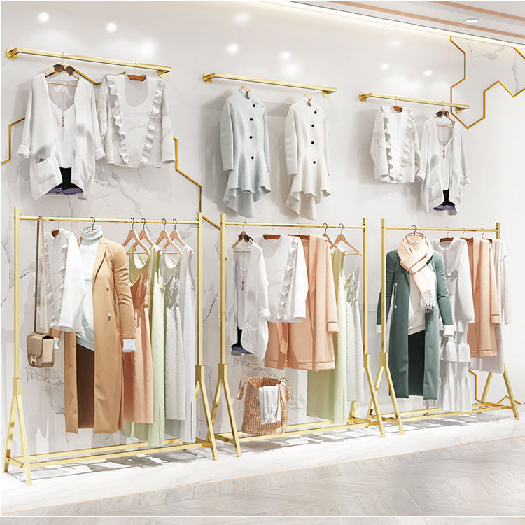 Customized Gold Stainless Steel Boutique Display Stand Clothing Hanging Rack Shelf Garment Store Interior Design