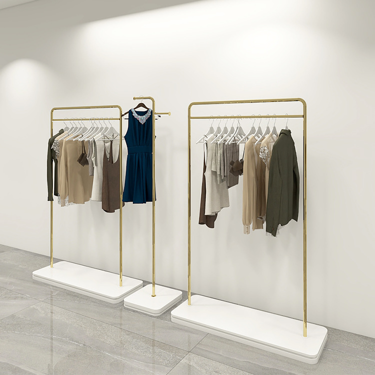 One Set Gold White Marble Clothes Display Stand Rack with Led Retail Store Shop Fittings for Clothing Display