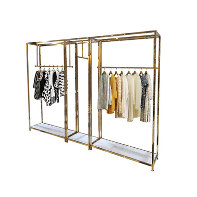 Retail Store Fixture Hanging Clothes Custom Shop Design Metal Gold Clothing Dress Display Rack