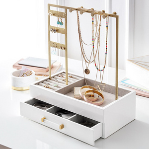 Tabletop Jewelry Stand With Ring Tray For Black Metal Earring/Necklace Storage Hanger Rack