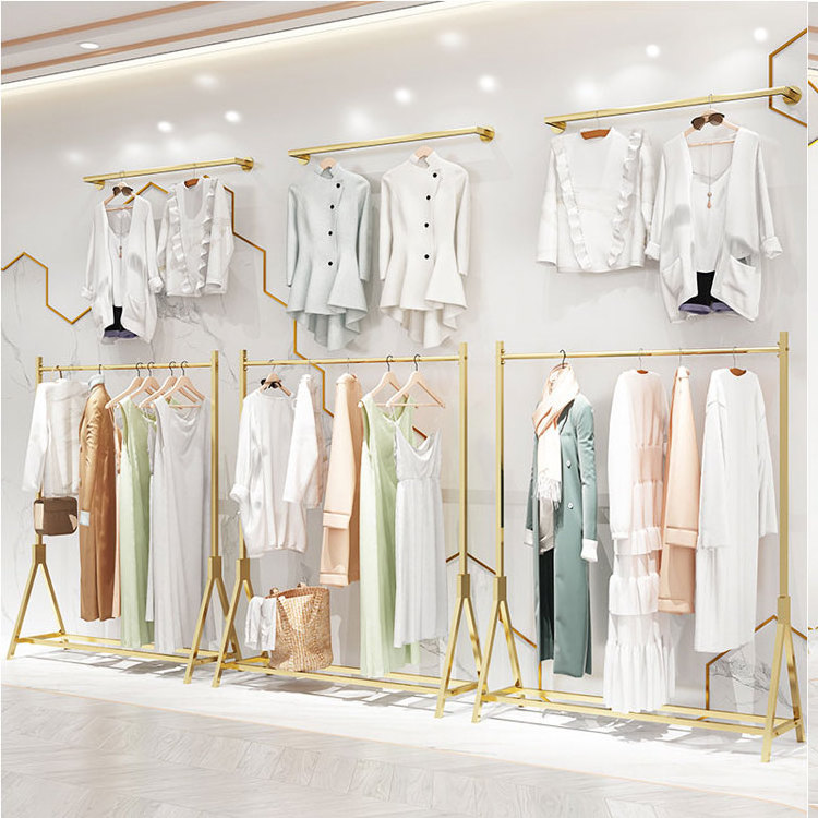 Customized Gold Stainless Steel Boutique Display Stand Clothing Hanging Rack Shelf Garment Store Interior Design