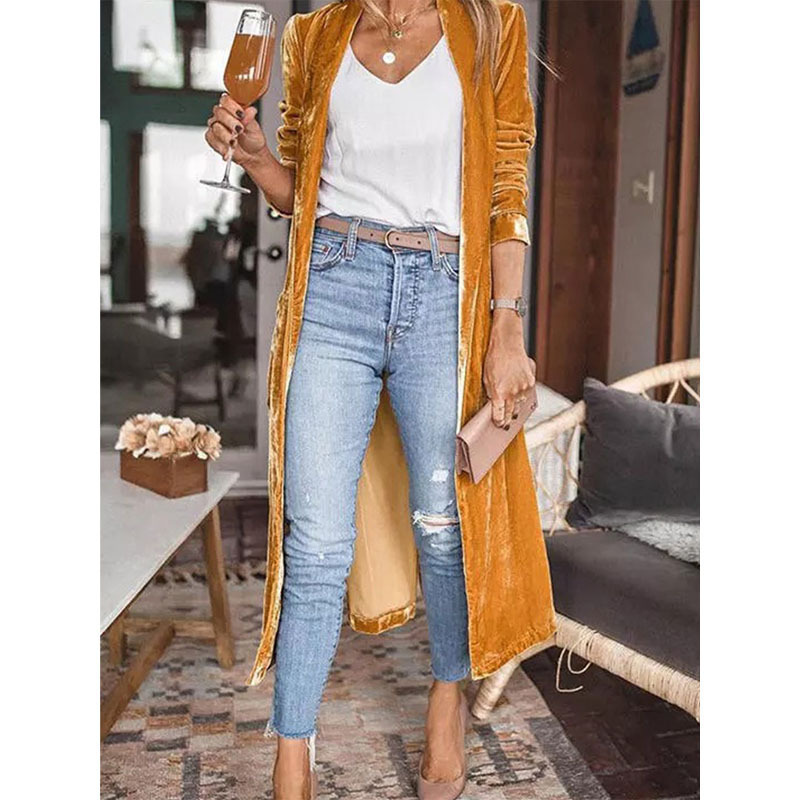 High Quality Women's Yellow Velvet Open Front Pocketed Long Duster Cardigan