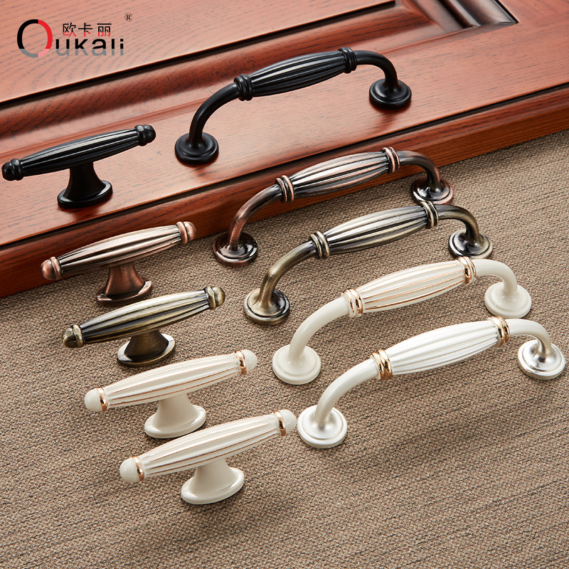 Oukali New Chinese Ivory White Matt Black Antique Kitchen Cabinets Furniture Wardrobe Pull Handle Metal Knobs Cabinet Pulls