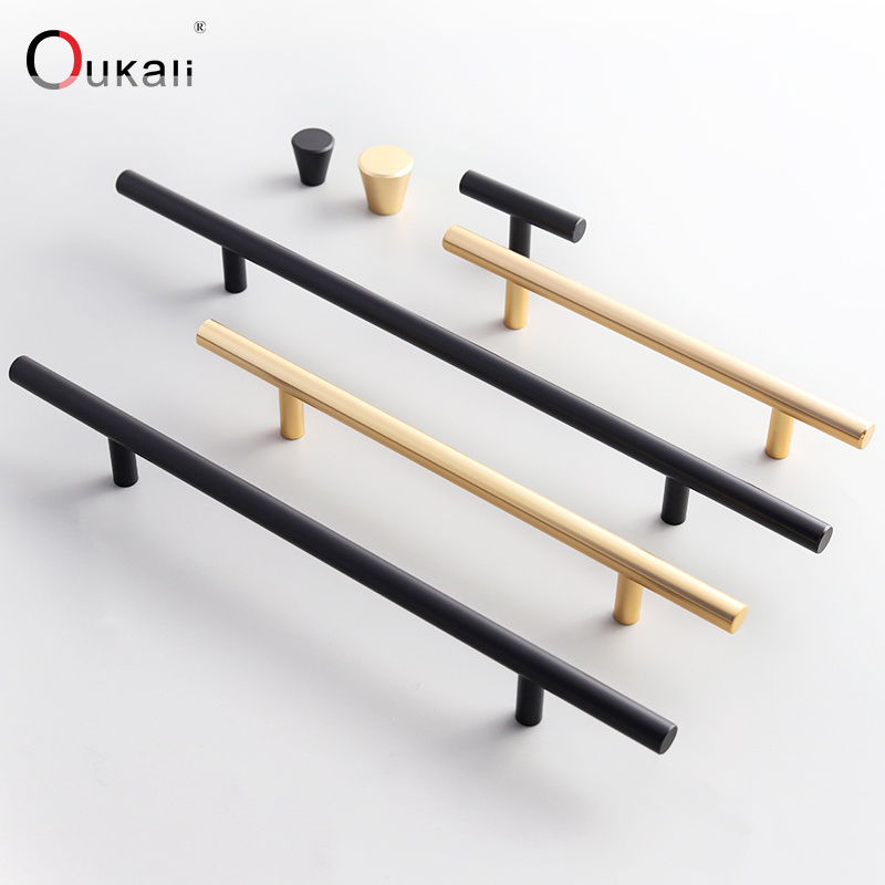 Oukali High Quality Modern Zinc Cabinet Matt Black Gold T Bar Bedroom Pull Handle Drawer Furniture Hardware Handles Knobs