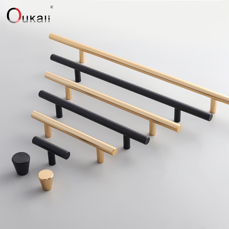 Oukali High Quality Modern Zinc Cabinet Matt Black Gold T Bar Bedroom Pull Handle Drawer Furniture Hardware Handles Knobs