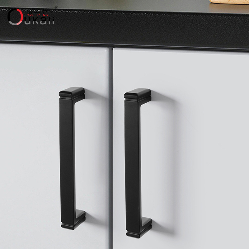 OUKALI Knurling Brass Black Solid Furniture Hardware Cabinet Drawer Handle And Knob Wardrobe Pulls