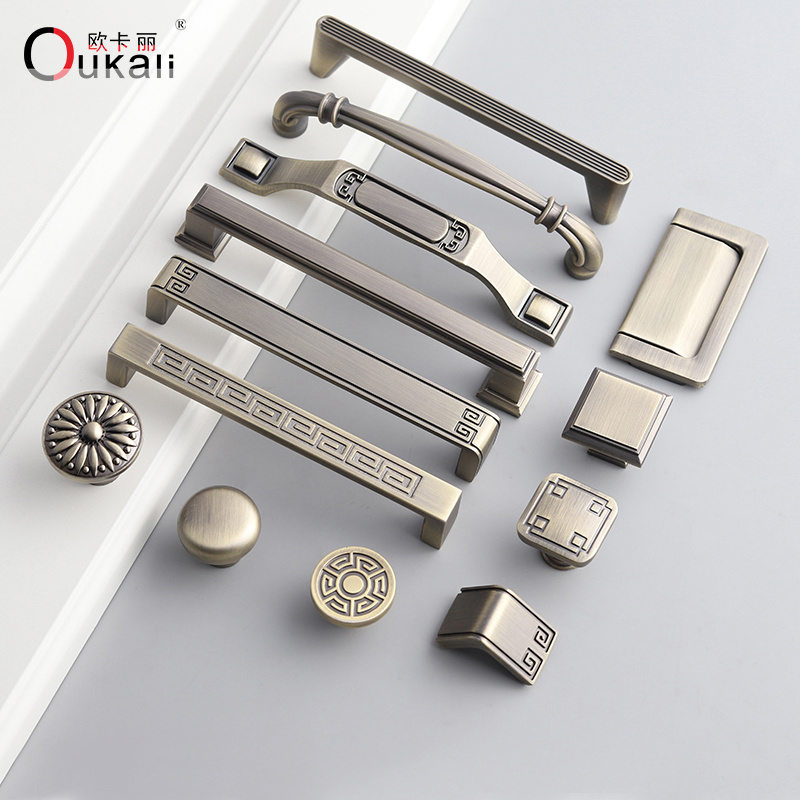 Oukali hardware supplies zinc antique AB brass knobs drawer pull furniture classic wardrobe kitchen bronze cabinet handle