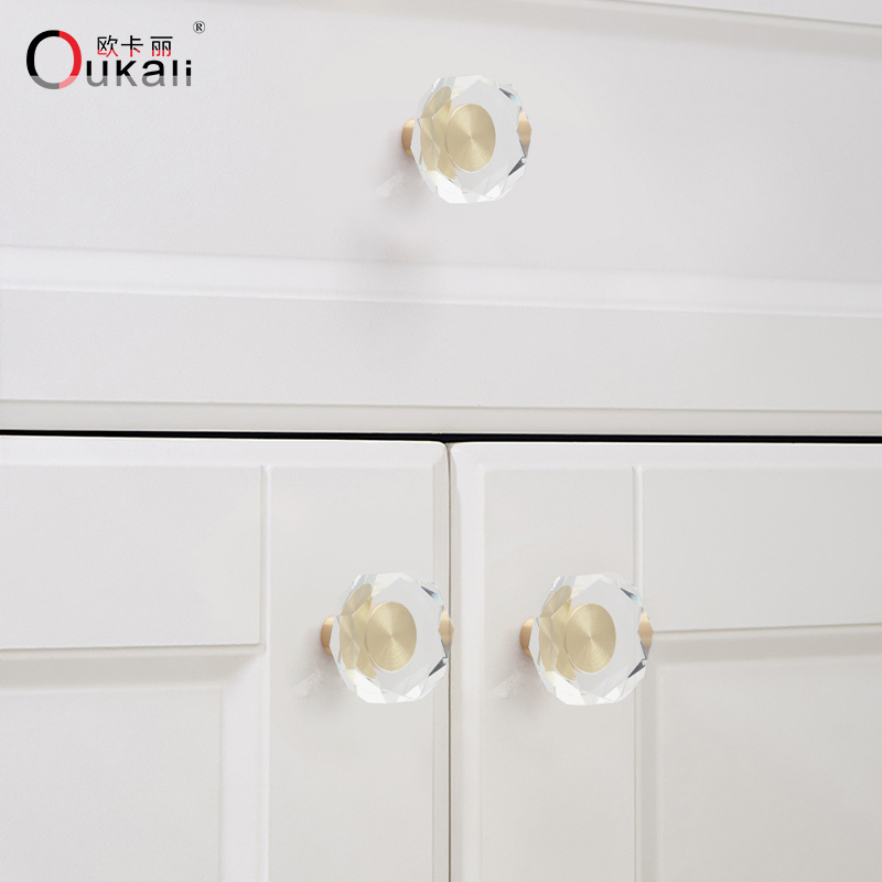 Oukali Hardware supplies furniture handle exclusive luxury modern brass crystal door knob gold crystal drawer pull handles for c