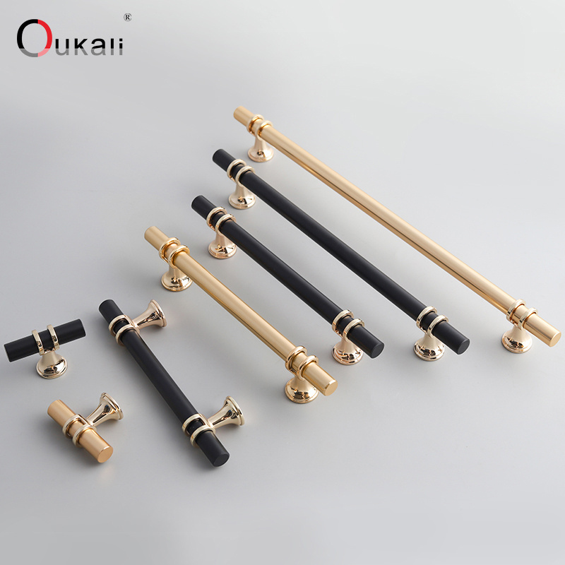 Oukali Hot Selling Modern Luxury Zinc Alloy Gold Black Knurled Kitchen Handles Cabinet Wardrobe Door Pull Furniture Handle Knob