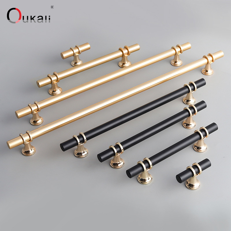 Hot Sale Luxury Black Gold Knurled Kitchen Door Pull Satin Brass T Bar Cabinet Handle