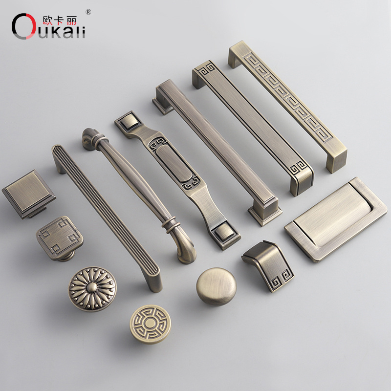 Oukali hardware supplies zinc antique AB brass knobs drawer pull furniture classic wardrobe kitchen bronze cabinet handle