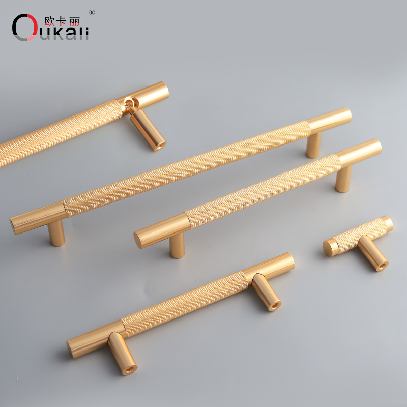 Oukali American New Aluminum Knurled Simple Gold T Bar 128mm  Furniture cupboard Wardrobe Cabinet wardrobe Door Pull Handles