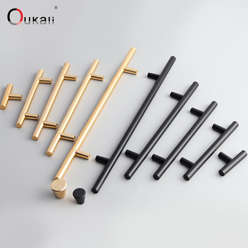 Oukali High Quality Modern Zinc Cabinet Matt Black Gold T Bar Bedroom Pull Handle Drawer Furniture Hardware Handles Knobs