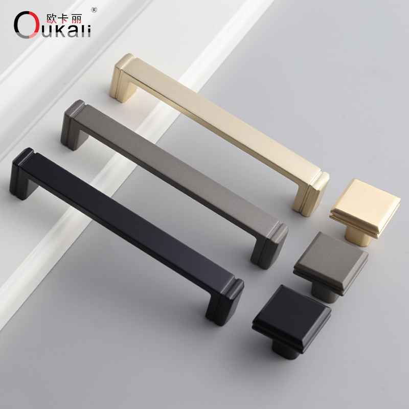 OUKALI Knurling Brass Black Solid Furniture Hardware Cabinet Drawer Handle And Knob Wardrobe Pulls