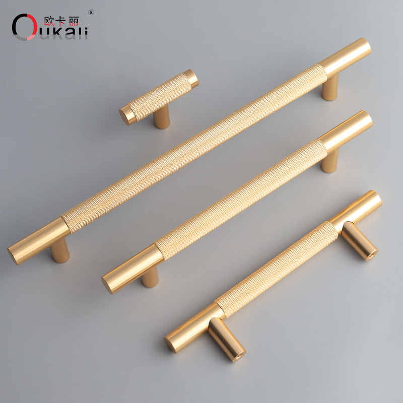 Oukali American New Aluminum Knurled Simple Gold T Bar 128mm  Furniture cupboard Wardrobe Cabinet wardrobe Door Pull Handles