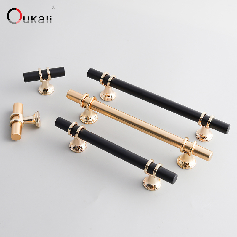 Hot Sale Luxury Black Gold Knurled Kitchen Door Pull Satin Brass T Bar Cabinet Handle