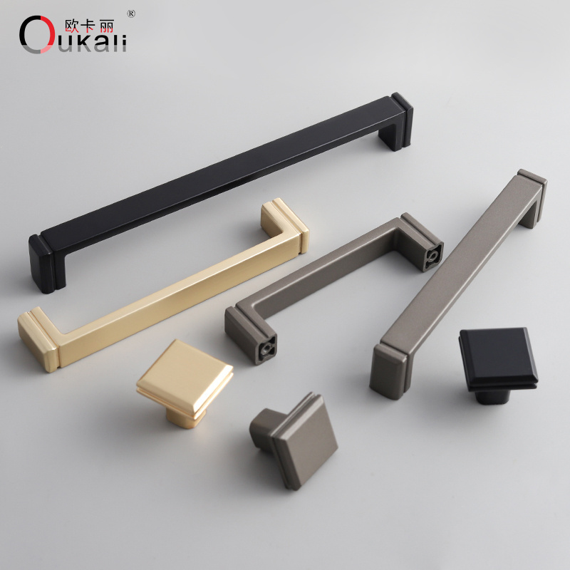 OUKALI Knurling Brass Black Solid Furniture Hardware Cabinet Drawer Handle And Knob Wardrobe Pulls