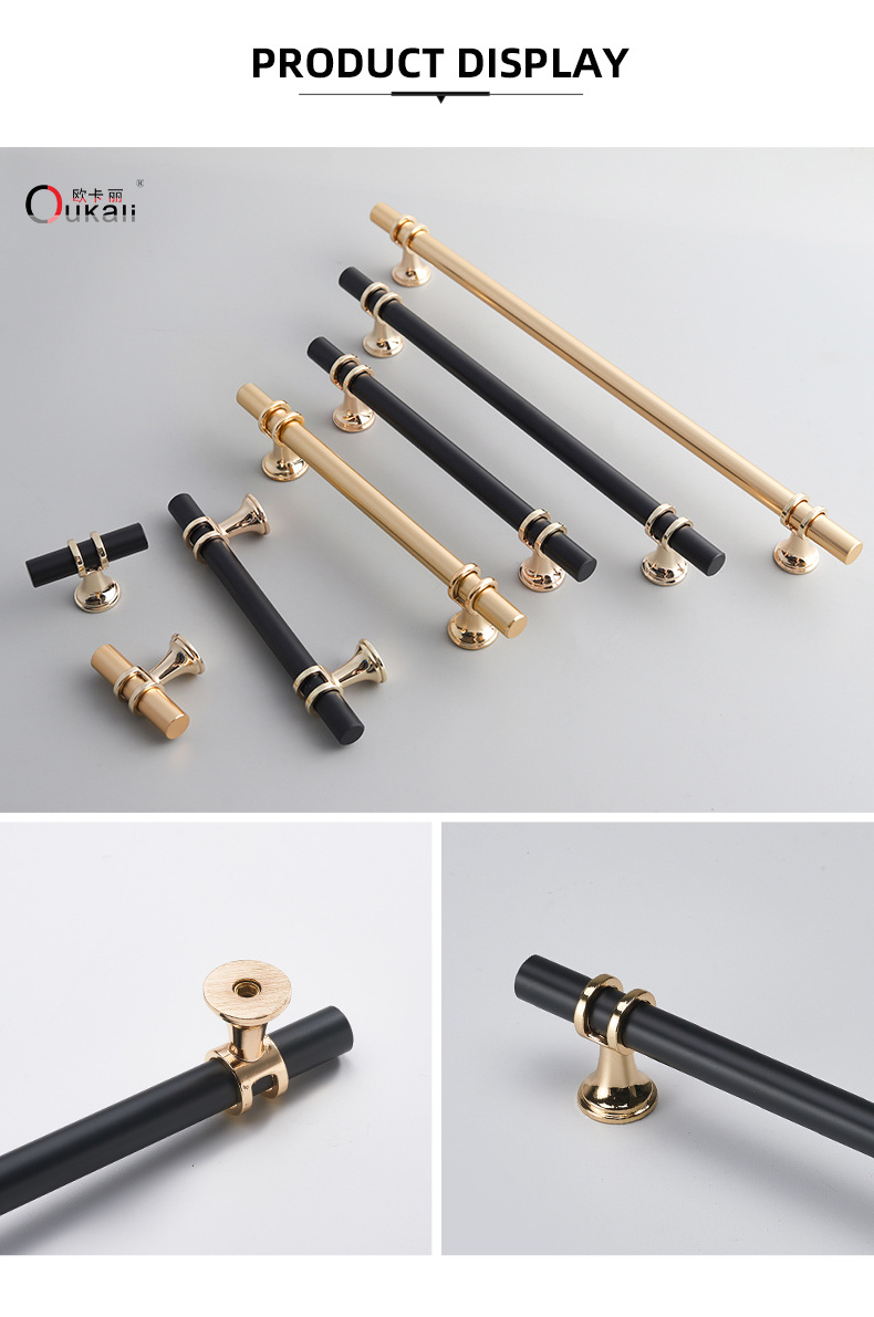 Hot Sale Luxury Black Gold Knurled Kitchen Door Pull Satin Brass T Bar Cabinet Handle