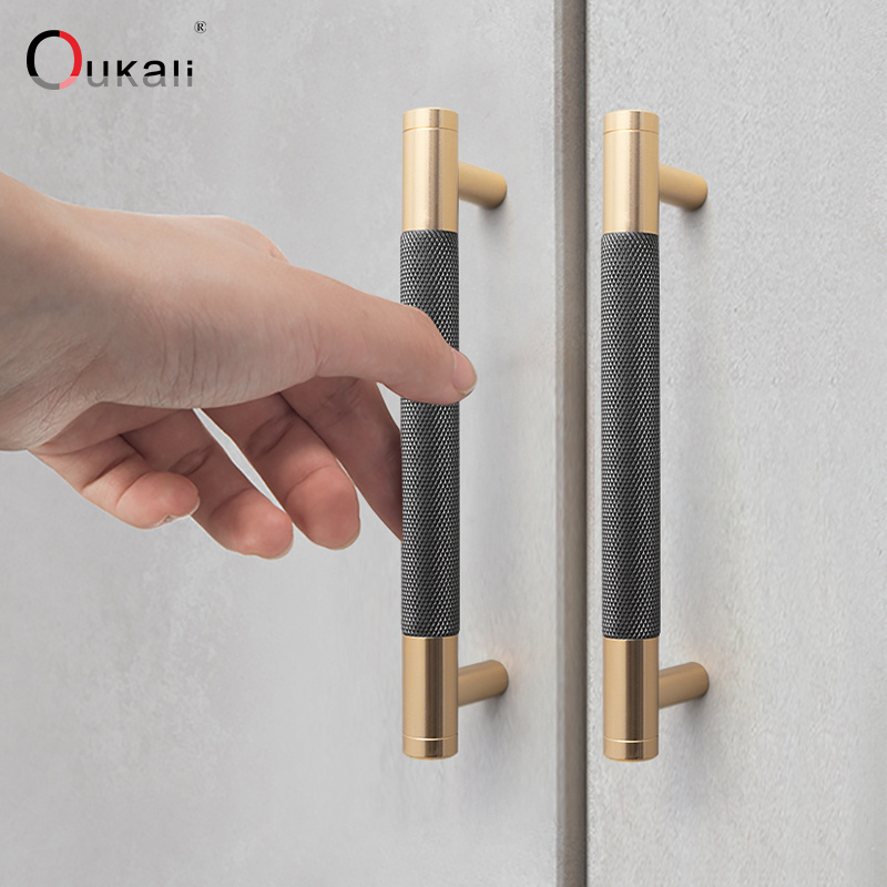 Cabinet Wardrobe Accessories Handles Drawer Matt Aluminium Alloy Brass Oukali Luxury Knurled T Bar Kitchen Door Pull Satin