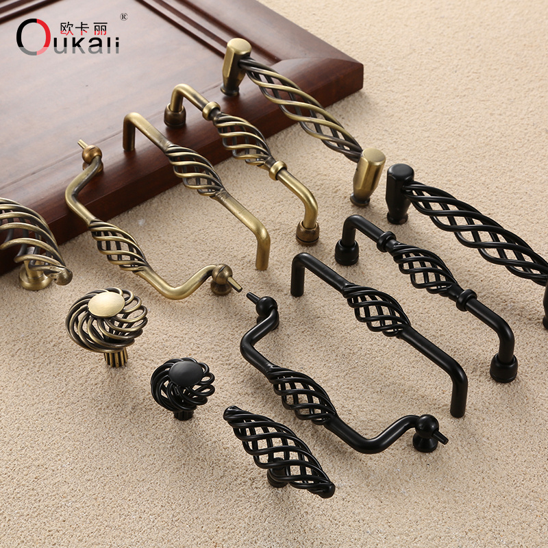 Oukali Metal Bronze Black Birdcage Shape Fashion Modern Furniture Handle Antique Cabinet Wardrobe Drawer Knobs And Handles