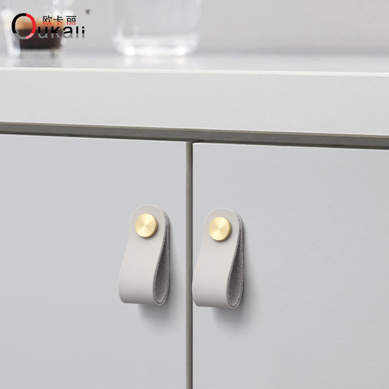 Oukali 2023 New Soft Leather Drawer Door Vintage Bedroom Furniture Handles Kitchen Dresser Pull  Handle Knob