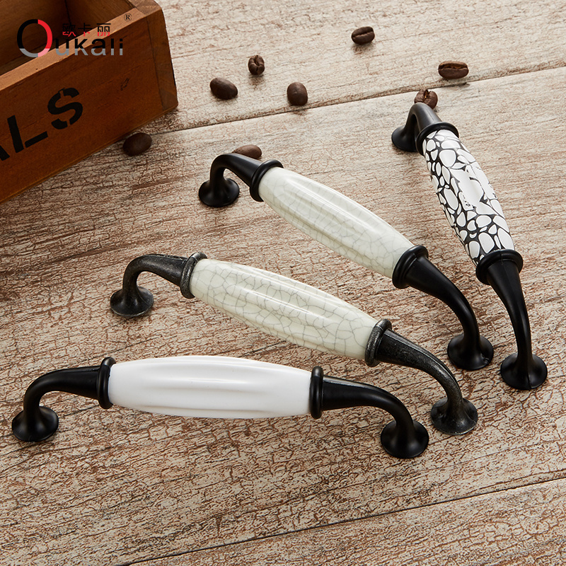 Oukali European style Ceramic and zinc alloy Door Handles Antique Furniture Knobs and Handles for Kitchen Cabinet