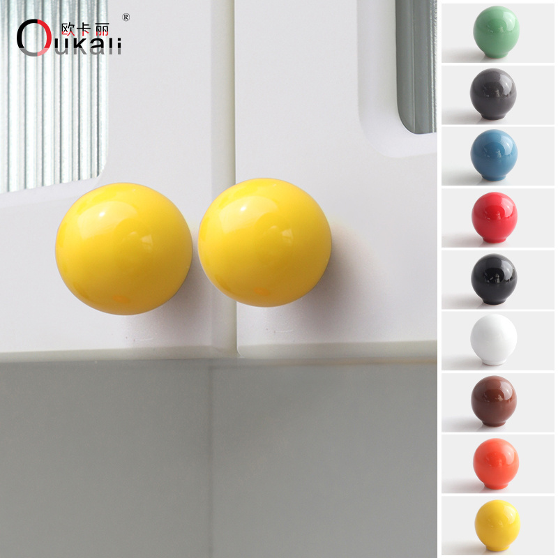 Oukali Colored Ceramic Cabinet Door cupboard Handles Simple Wardrobe Drawer Ball Single Hole Furniture knobs