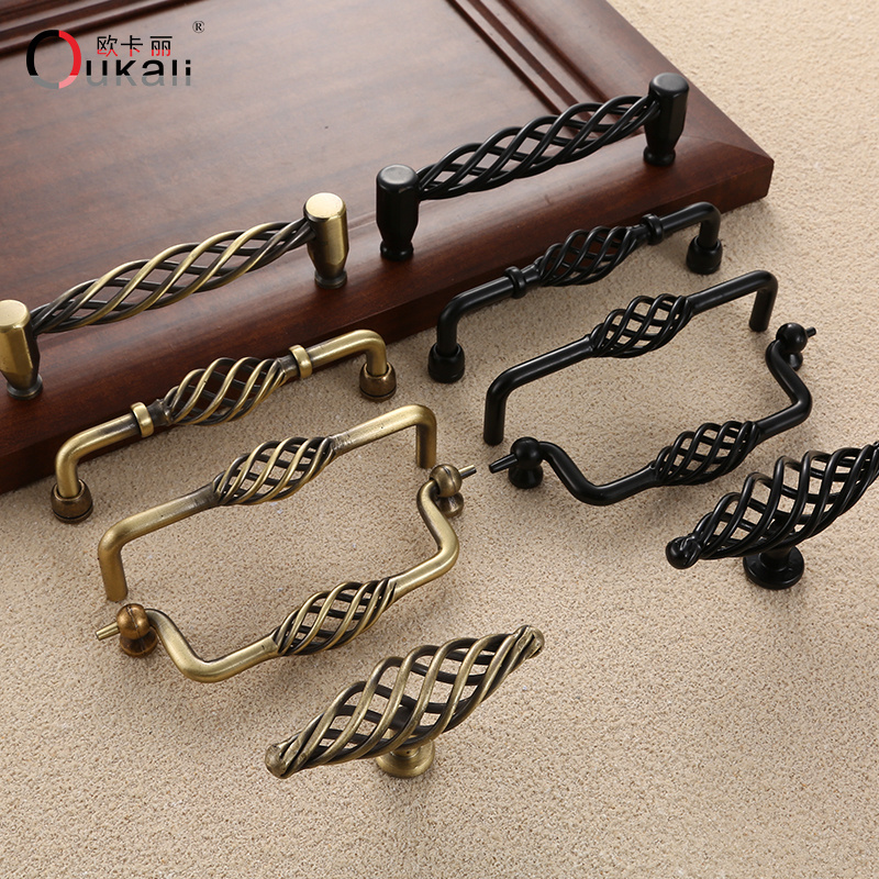 Oukali Metal Bronze Black Birdcage Shape Fashion Modern Furniture Handle Antique Cabinet Wardrobe Drawer Knobs And Handles