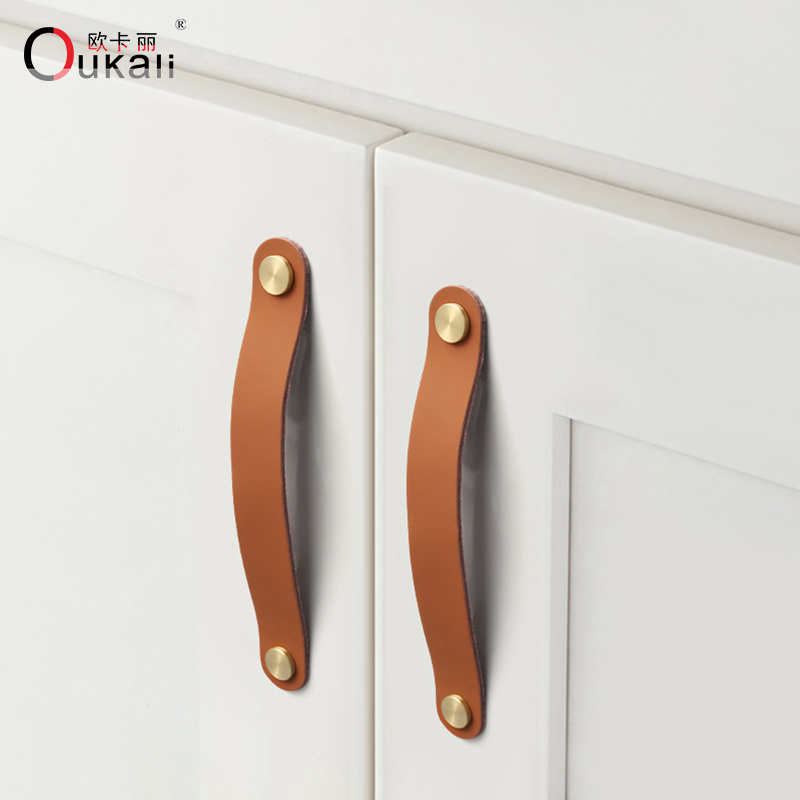 Oukali 2023 New Soft Leather Drawer Door Vintage Bedroom Furniture Handles Kitchen Dresser Pull  Handle Knob