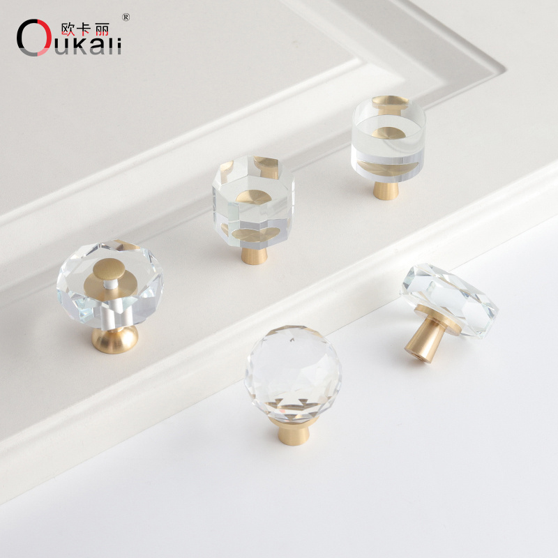 Oukali Hardware supplies furniture handle exclusive luxury modern brass crystal door knob gold crystal drawer pull handles for c