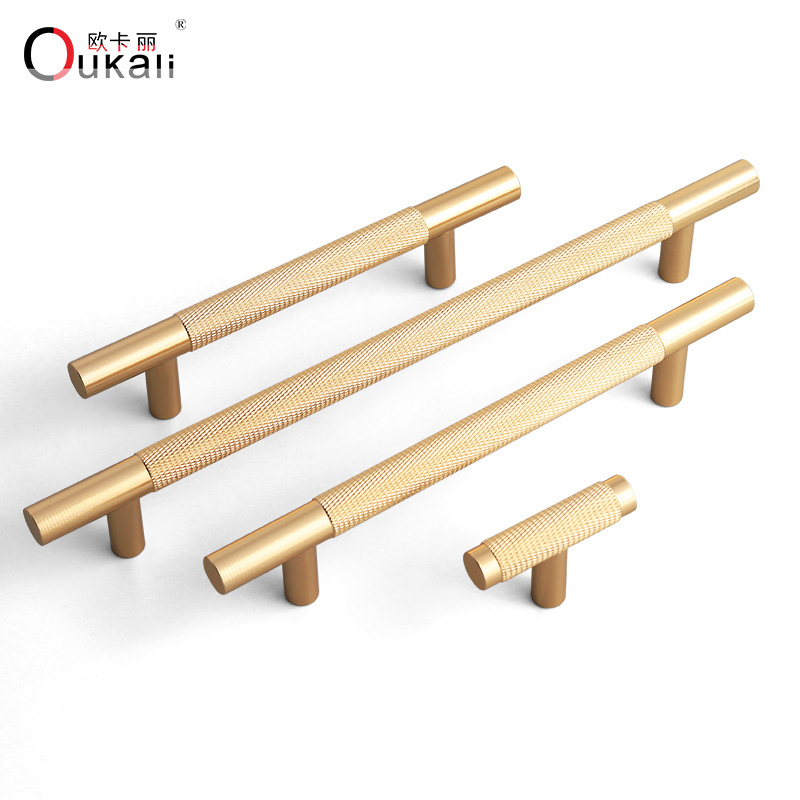 Oukali American New Aluminum Knurled Simple Gold T Bar 128mm  Furniture cupboard Wardrobe Cabinet wardrobe Door Pull Handles