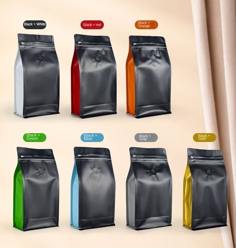 100g 1kg 8/12/16 oz Private Label Black Aluminum Foil Plastic Flat Bottom 5 lb Coffee Packaging Bags Pouch with Valve and Zipper