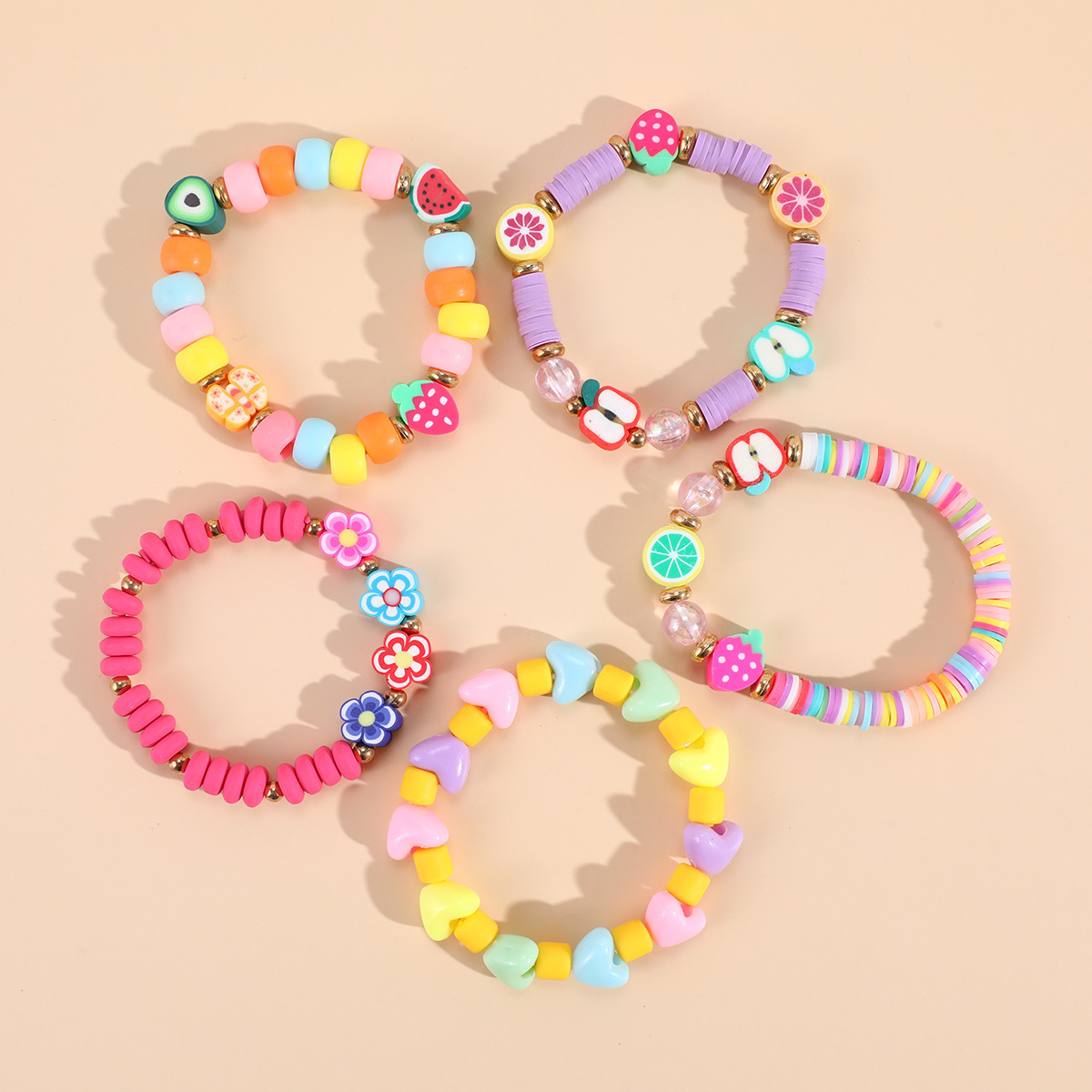 Fashion Colorful Lovely Acrylic Heart Flowers Fruits Charm Bangle Jewelry For Kids Gift Cute Clay Beaded Bracelets For Children