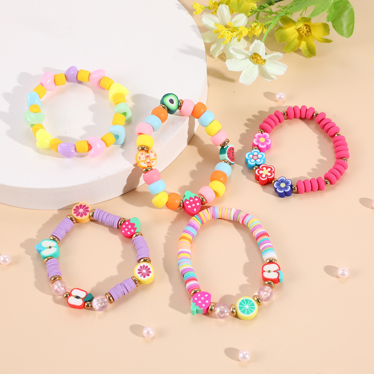 Fashion Colorful Lovely Acrylic Heart Flowers Fruits Charm Bangle Jewelry For Kids Gift Cute Clay Beaded Bracelets For Children