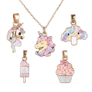 Wholesale Fashion Cute Cartoon Unicorn Children Necklace Sets Handmade Pink Color Love Rainbow Baby Girls Kids Necklace Jewelry