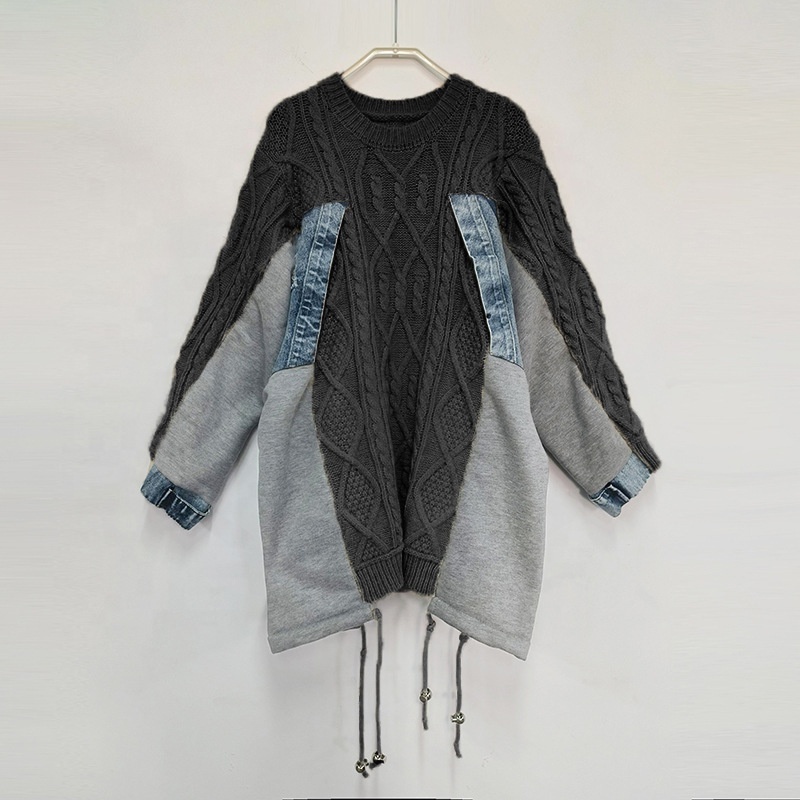 OULAIYADI Korean Casual Patchwork Denim Round Neck Loose Pullover Oversized Knitted Sweater For Women