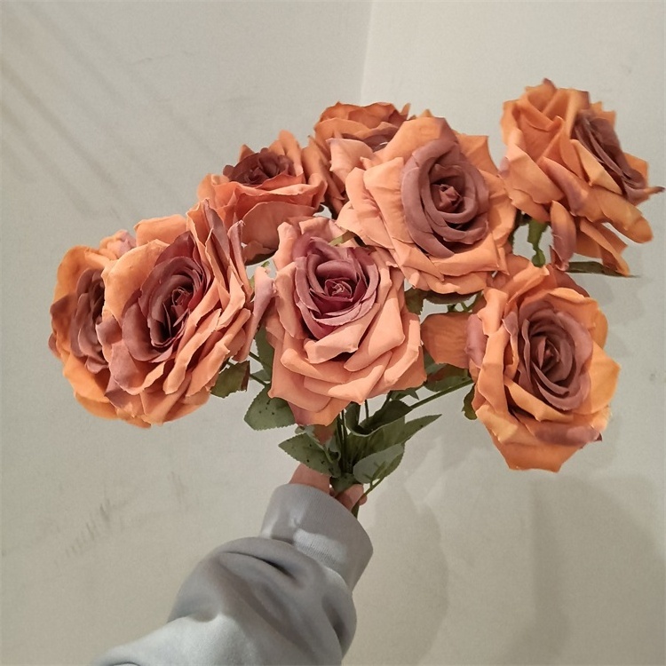 B-2216 Factory Artificial Rose Flower Bouquet Red Roses Artificial Silk Roses Bulk for wedding decoration