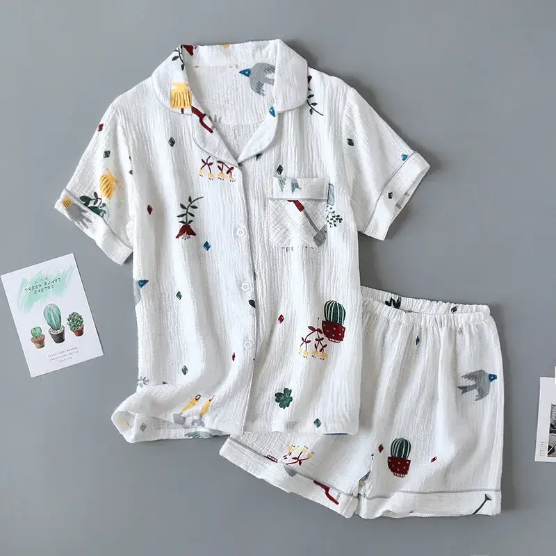 Europe and America summer ladies cotton gauze short sleeve shorts pajamas suit cute heart-shaped thin section home service suit