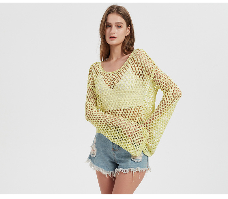 Womens Crochet Tops Long Sleeve Hollow Out Swim Cover Up 2024 Trends Beach Bikini Swimsuit Summer Tunic Top Dropshipping