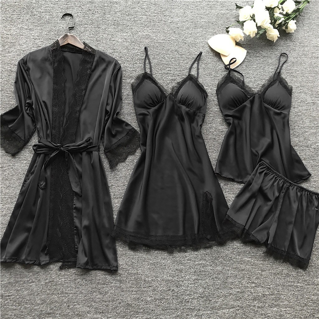 Sleepwear Silk Women 4 Piece outfits Nightwear Lace Dress Robe Pajamas Satin Underwear Full Coverage Negligee Lingerie Sexy 2024