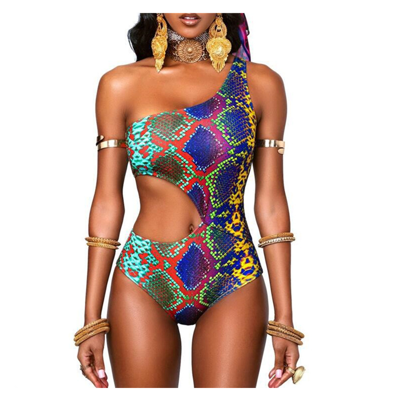 2022 Hot Sell Retro Tribal Print Bikini African Monokini Beachwear Swimwear One Shoulder One Piece Snake Skin Swimsuit For Women