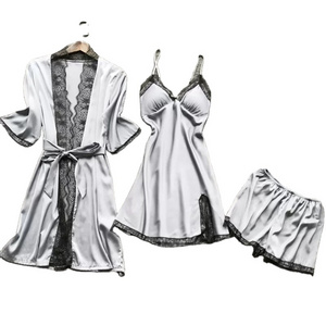 Sleepwear Silk Women 4 Piece outfits Nightwear Lace Dress Robe Pajamas Satin Underwear Full Coverage Negligee Lingerie Sexy 2024