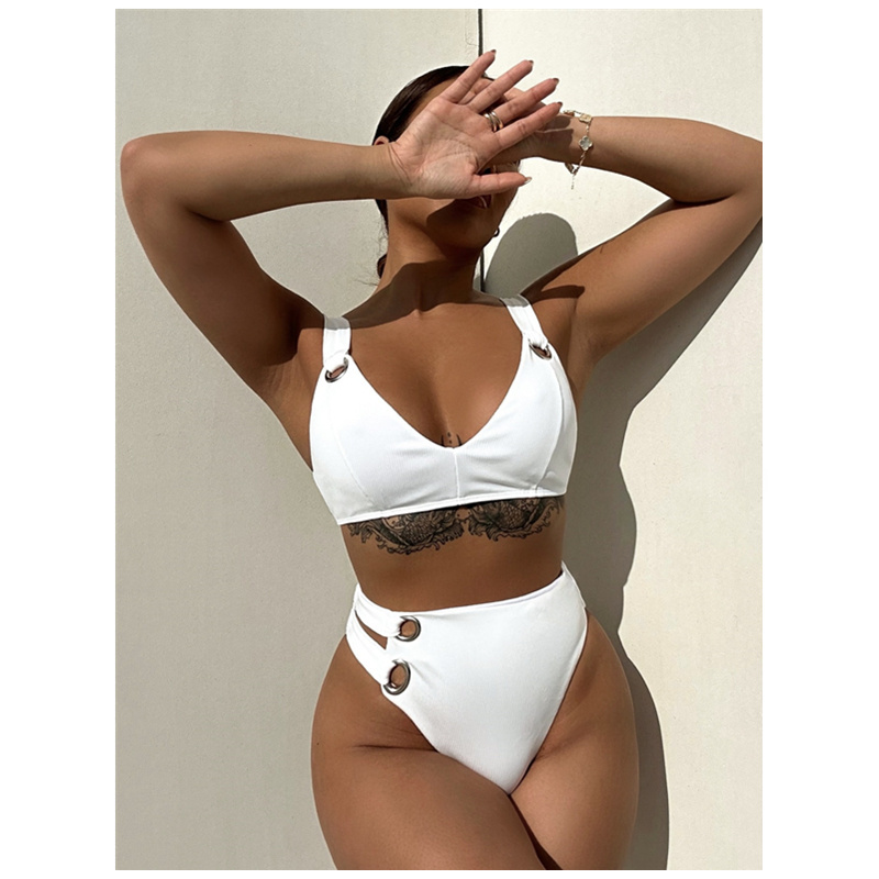 Ring Linked White Two Piece Swimsuit Women Swimwear Beach Wrap Bandage Bikinis 2024 Sexy Push Up V Neck Swimsuit Biquini XS S M