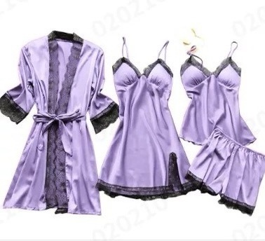 Sleepwear Silk Women 4 Piece outfits Nightwear Lace Dress Robe Pajamas Satin Underwear Full Coverage Negligee Lingerie Sexy 2024