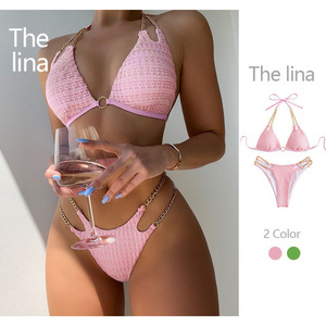 Hot Sell Women Sexy Two Pieces Luxury Cut Out Chain Linked High Cut Thong Bikini Swimsuit 2023 String Swimwear