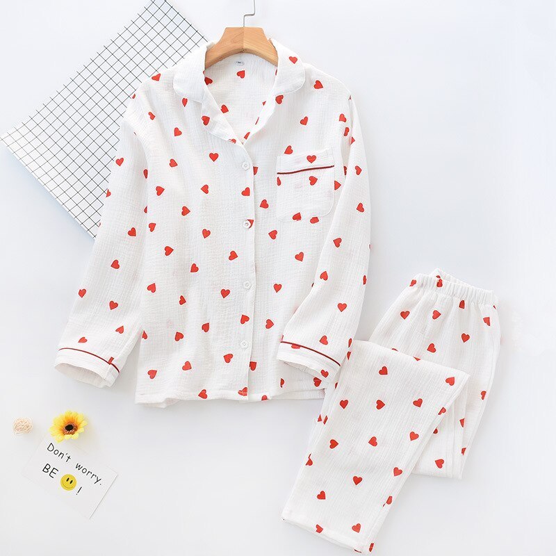 Wholesale Adult Sleepwear 2PCS Heart Print Pajamas Suit Womens Warm Winter Nightwear Turn Down Collar Shirt Pant Loose Casual