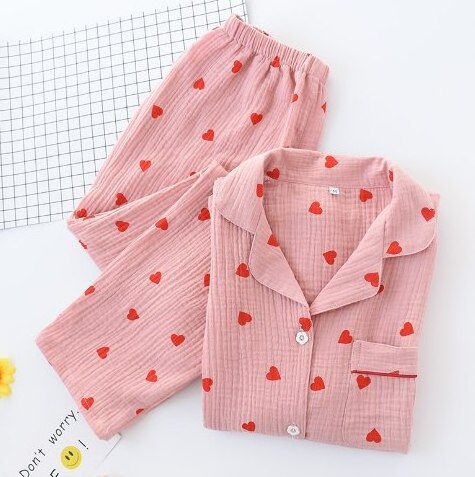 Wholesale Adult Sleepwear 2PCS Heart Print Pajamas Suit Womens Warm Winter Nightwear Turn Down Collar Shirt Pant Loose Casual